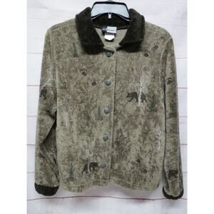 Artisans Size Small Brown Fleece Bear Forest Print Button Up Jacket Sweater